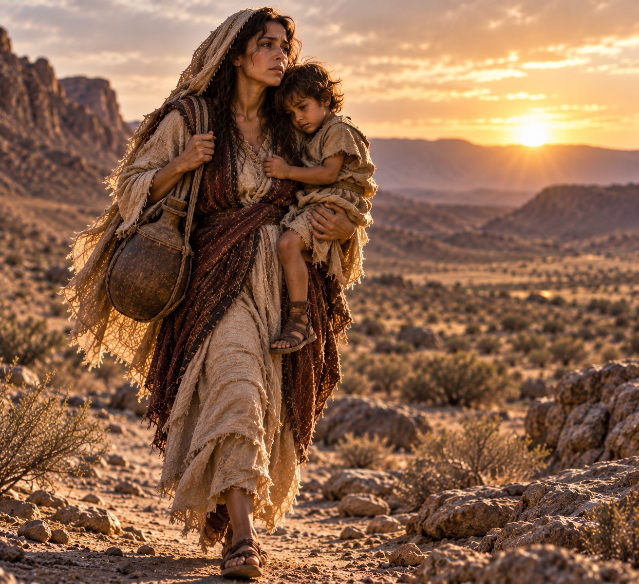 Hagar carries Ishmael through the wilderness