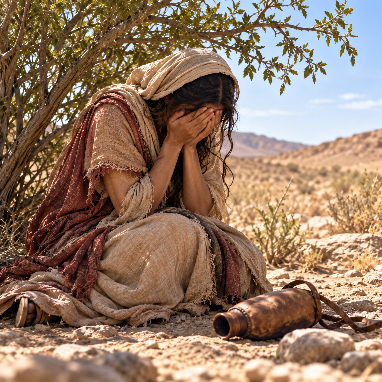 Hagar grieving in the wilderness after the water ran out
