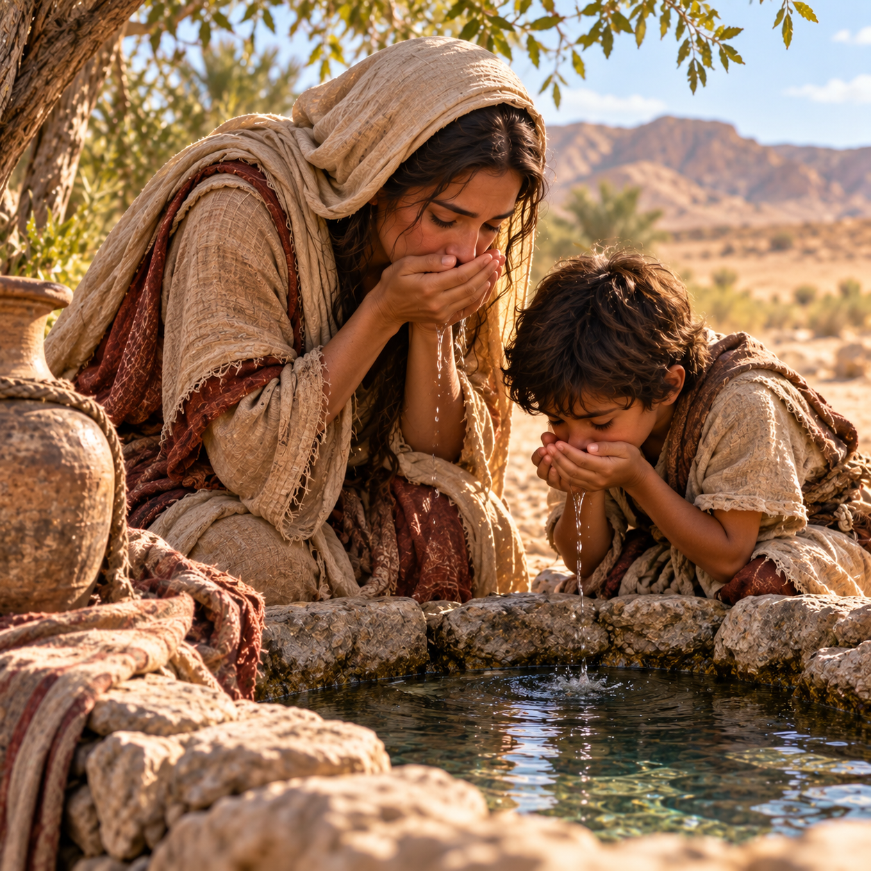 Hagar and Ishmael drinking from the well