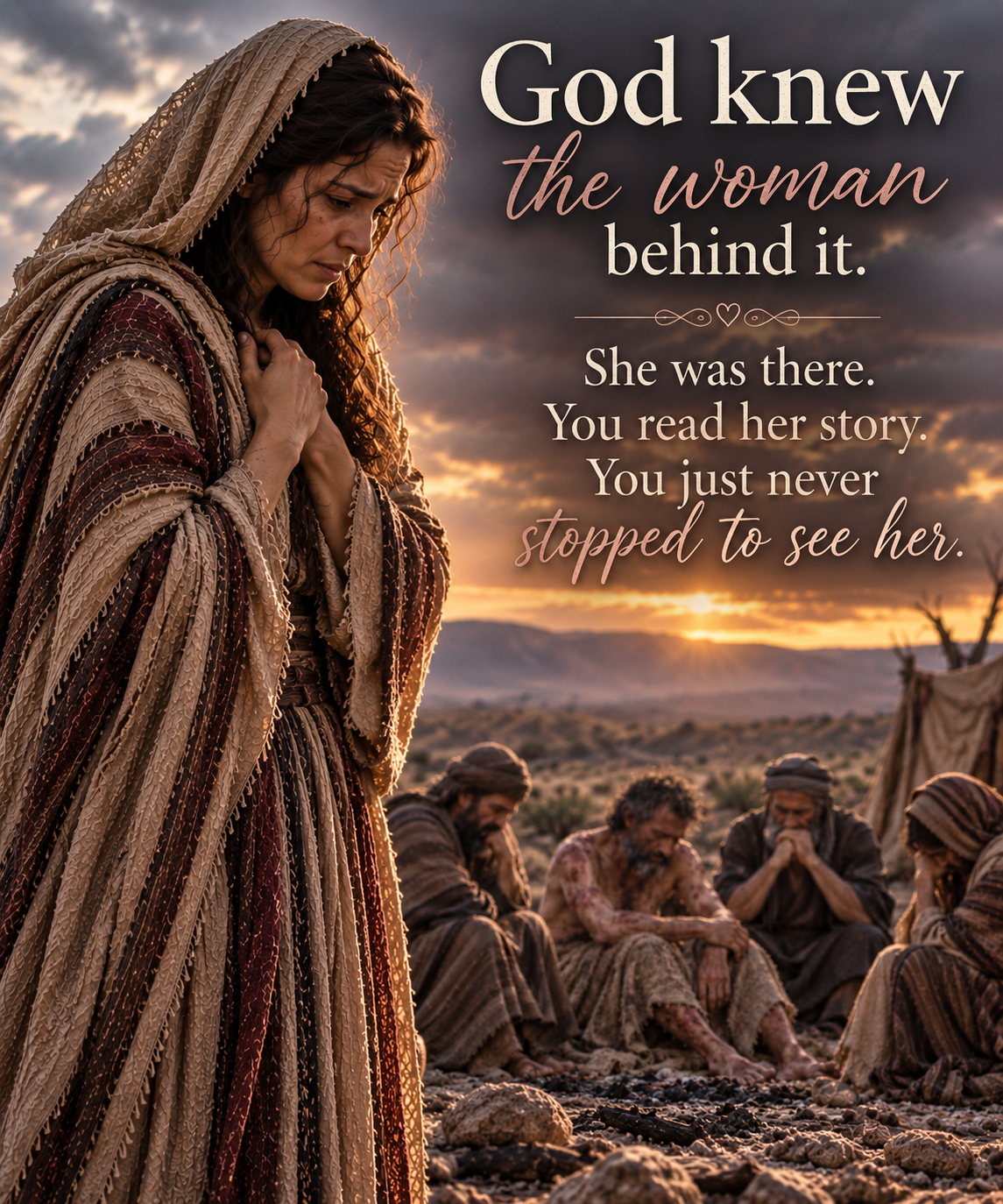 Job’s wife stands beside Job and his friends in the ashes