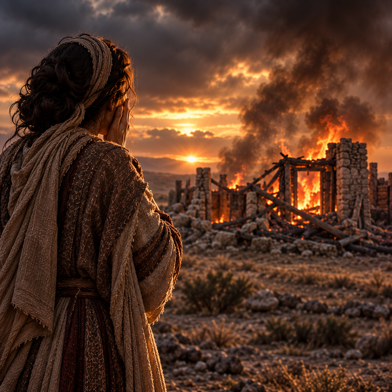 A woman looks toward a burning city