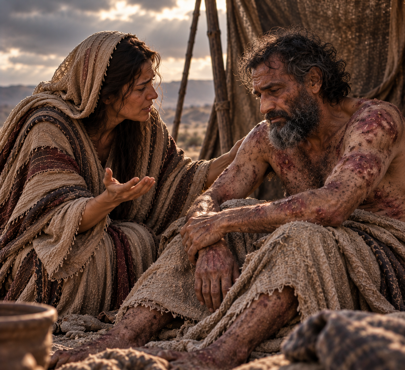 Job and his wife in a moment of shared suffering