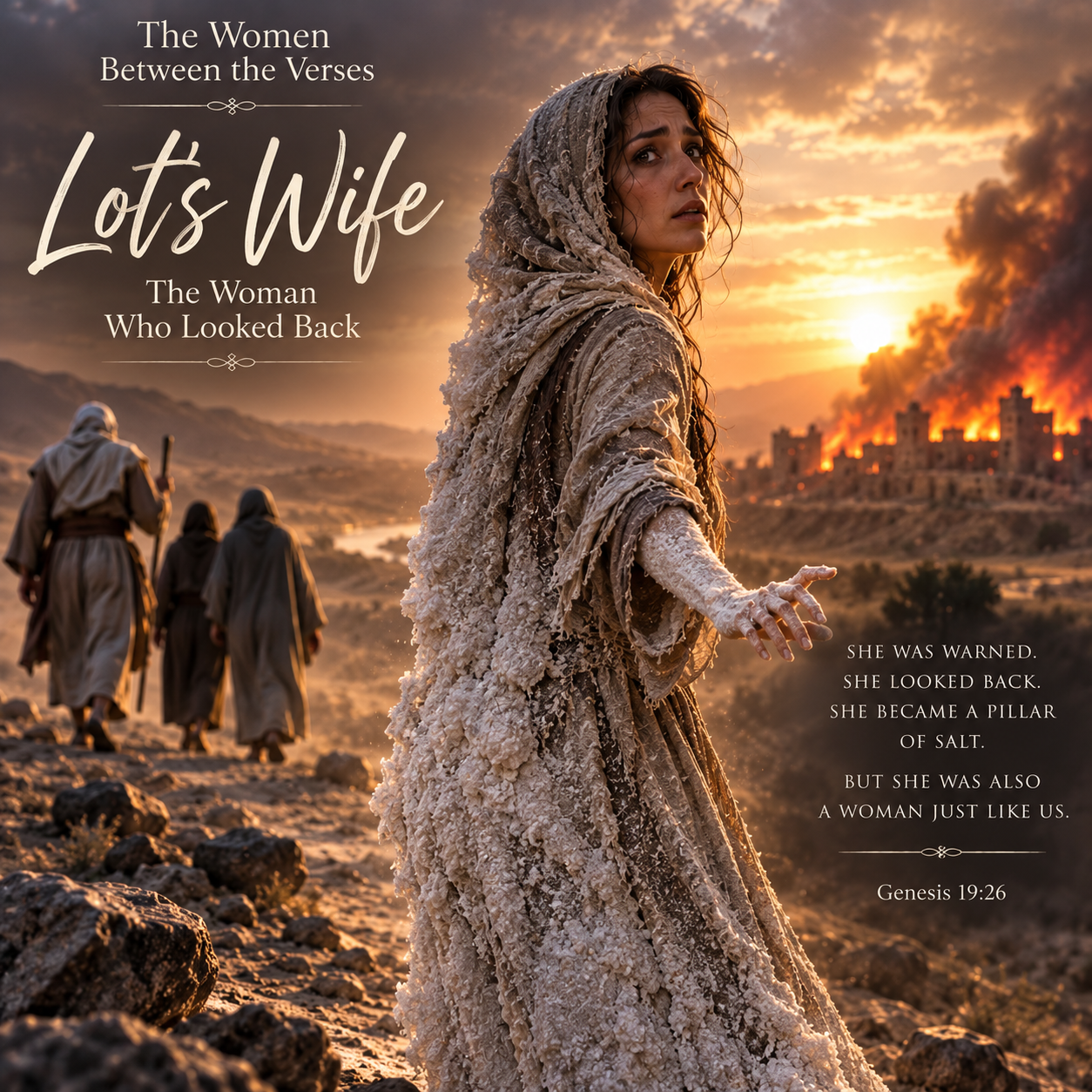 Lot’s wife looking back as her family leaves Sodom