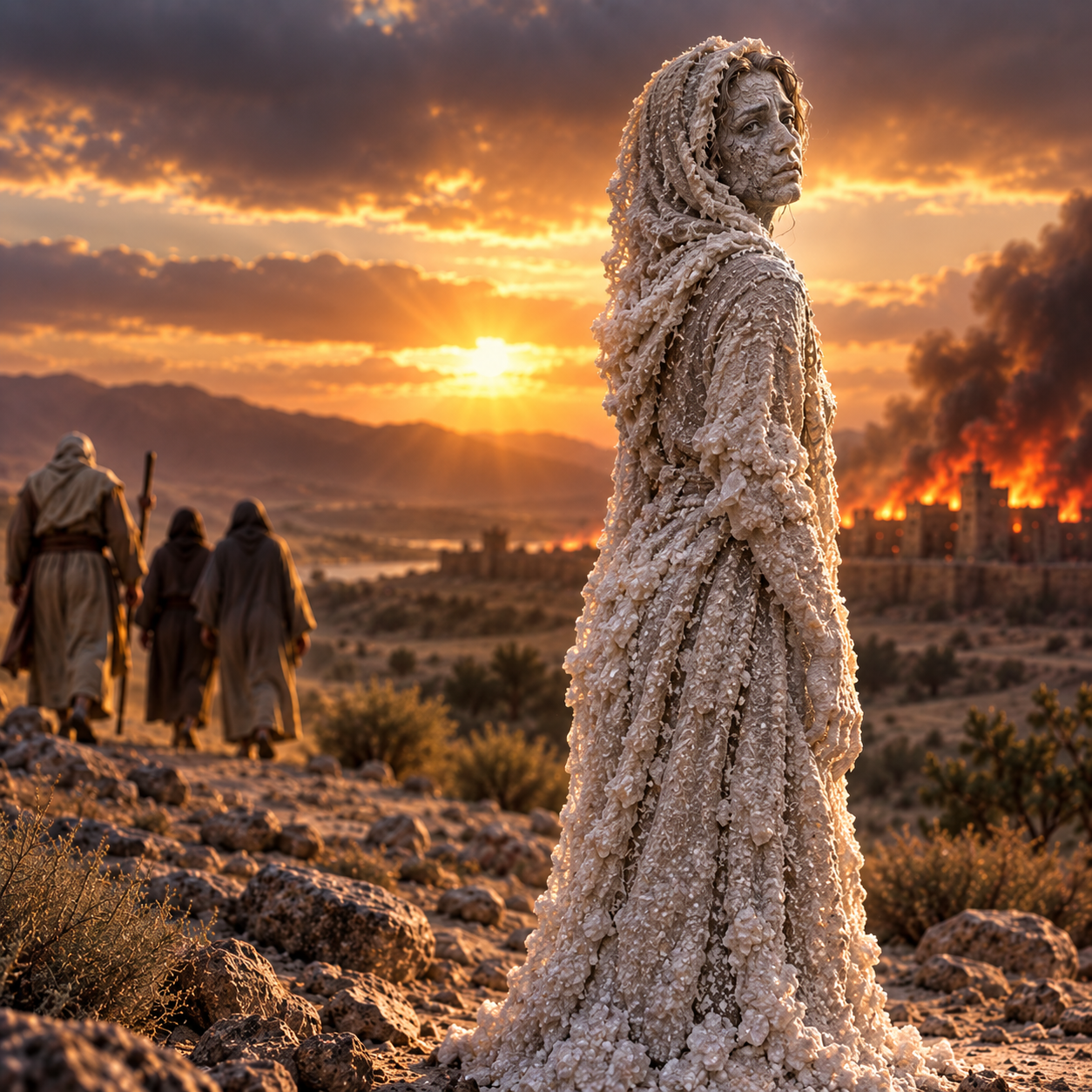 Lot’s wife transformed into a pillar of salt, with Sodom in the distance