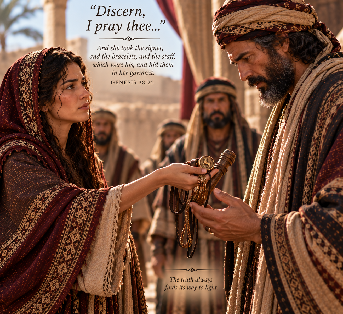 Tamar presents Judah's signet, bracelets, and staff