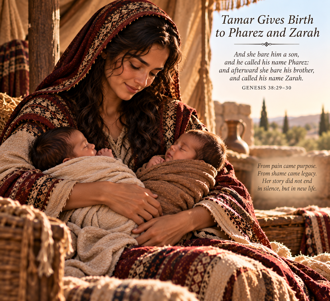 Tamar with her newborn twins, Pharez and Zarah