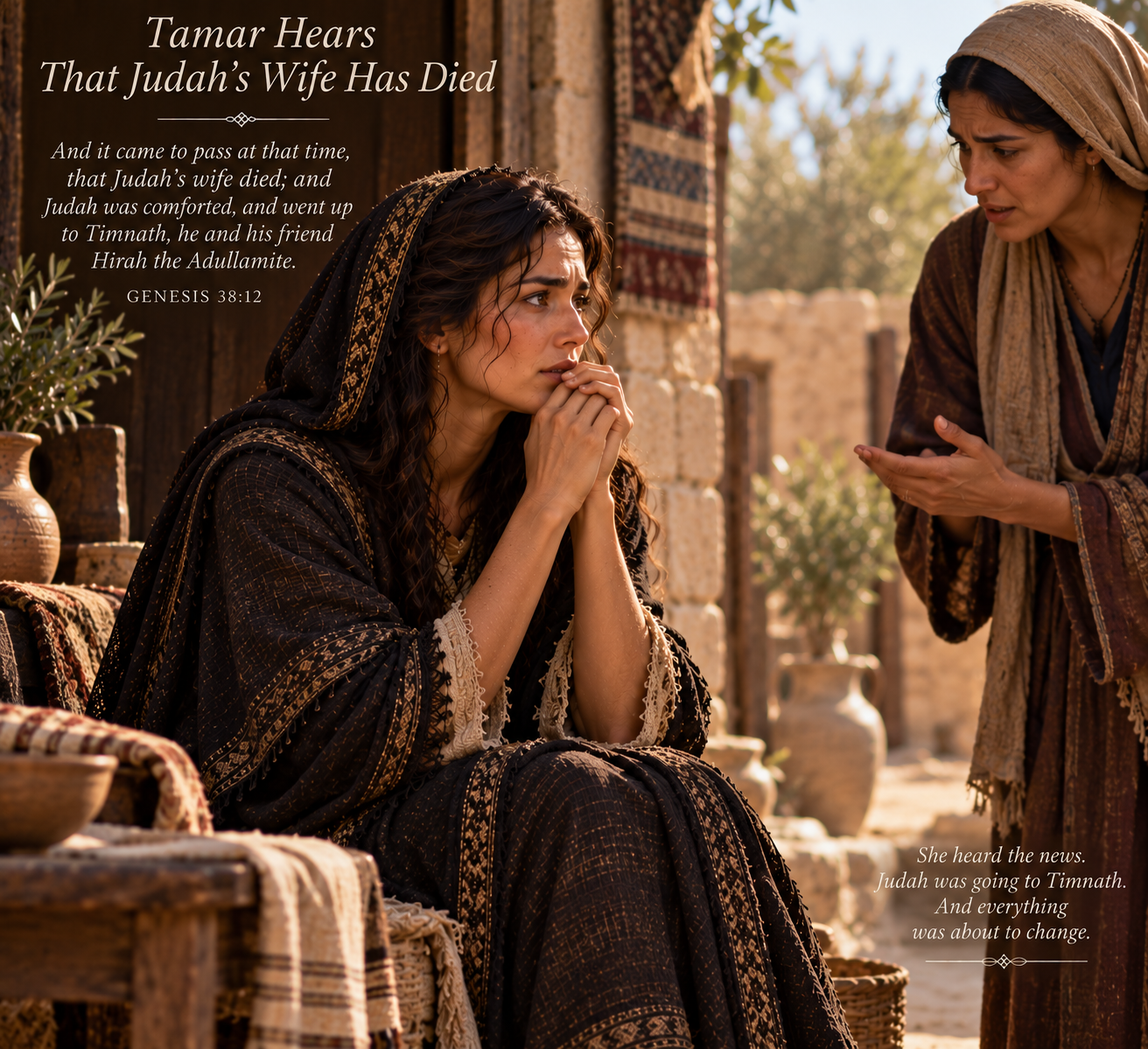 Tamar hears that Judah is traveling to Timnath
