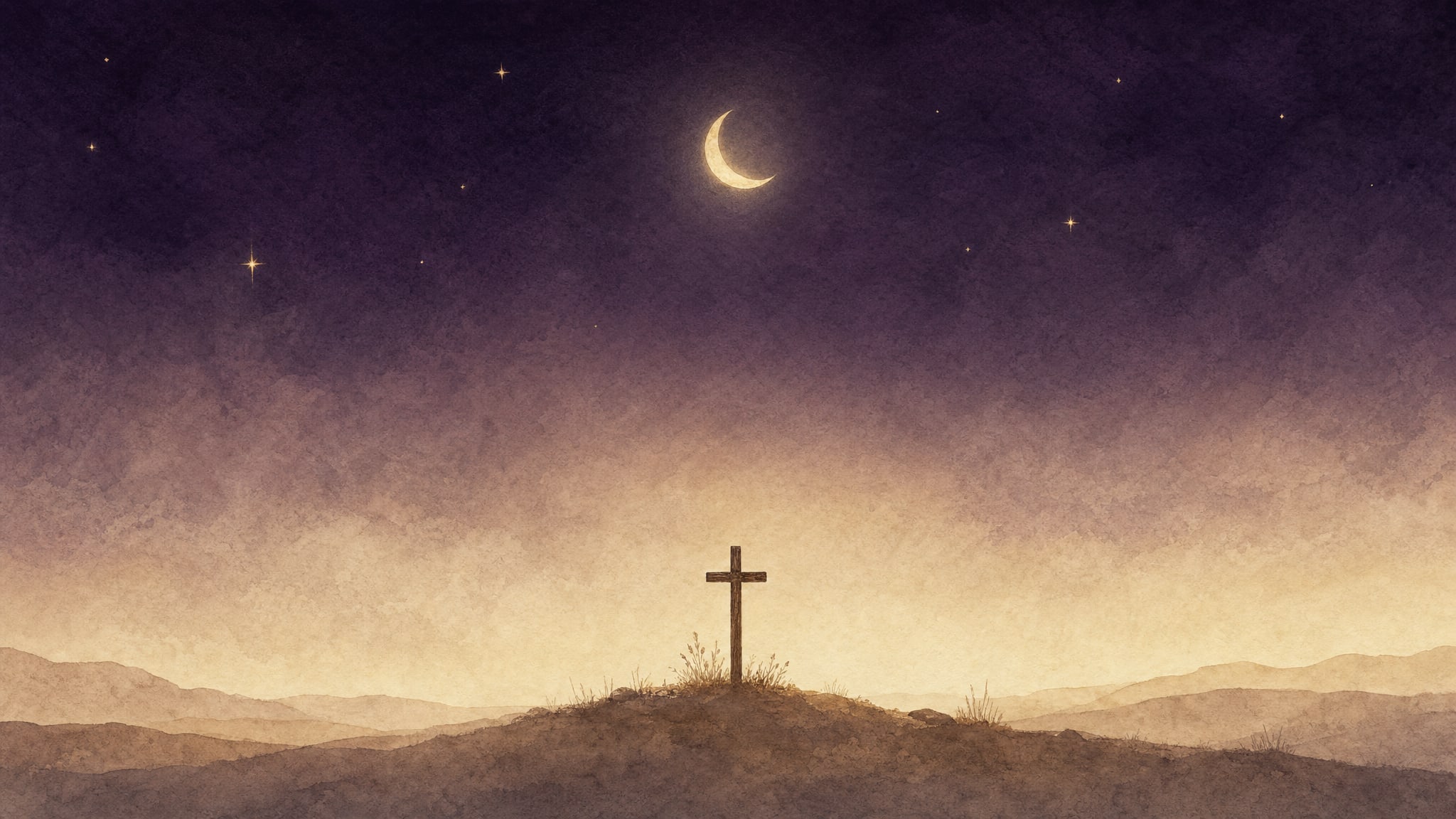 A wooden cross beneath a moonlit sky
