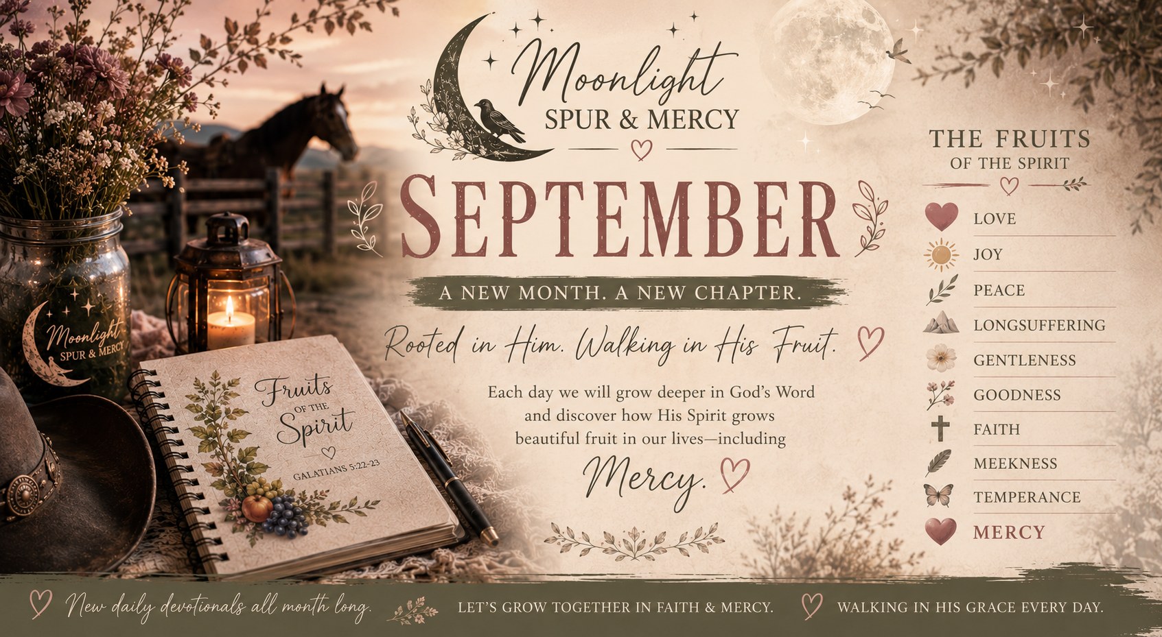 Moonlight Spur and Mercy September devotional cover featuring the Fruit of the Spirit