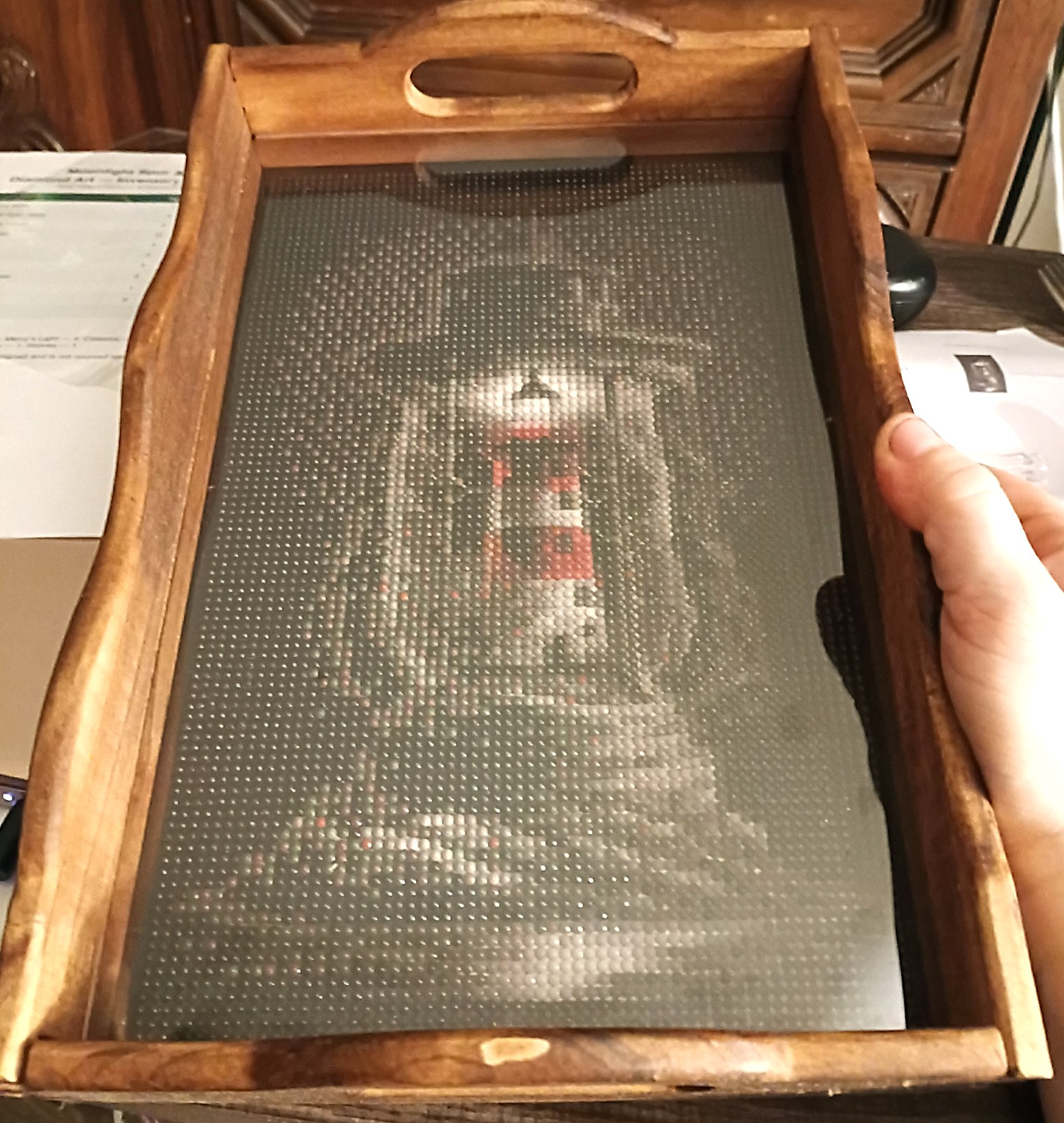 Finished stained wooden diamond art decorative tray featuring a lighthouse