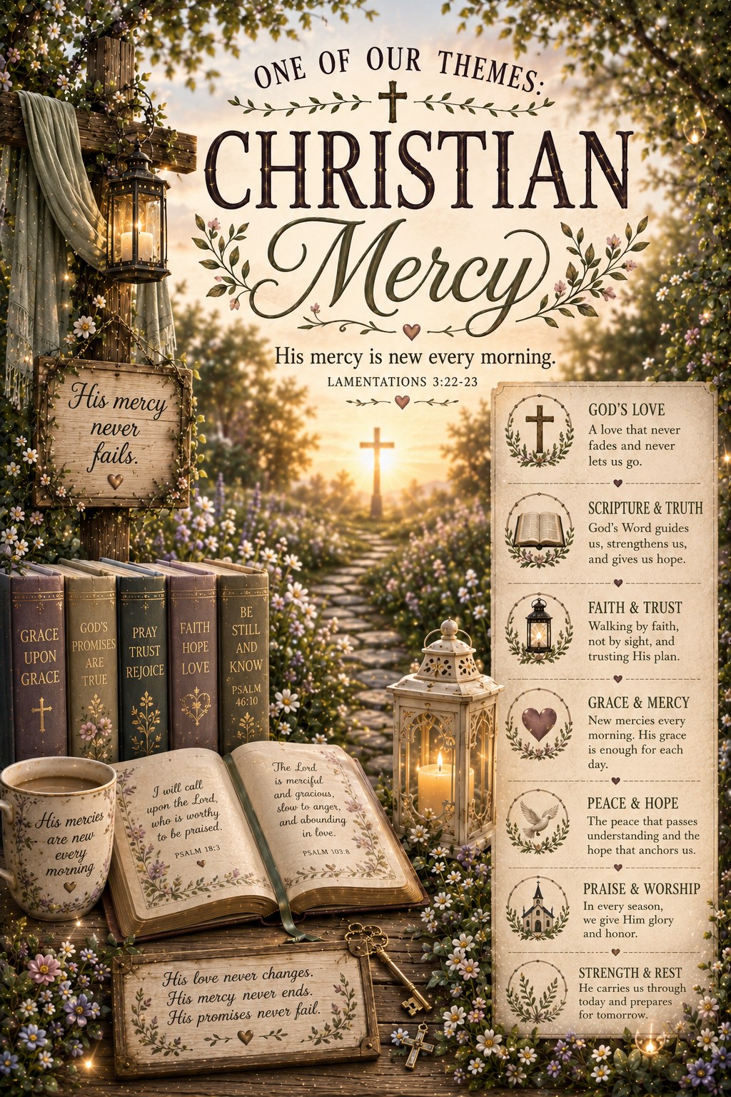 Christian Mercy Scoop Theme artwork with Scripture, flowers, lanterns, and faith-filled encouragement