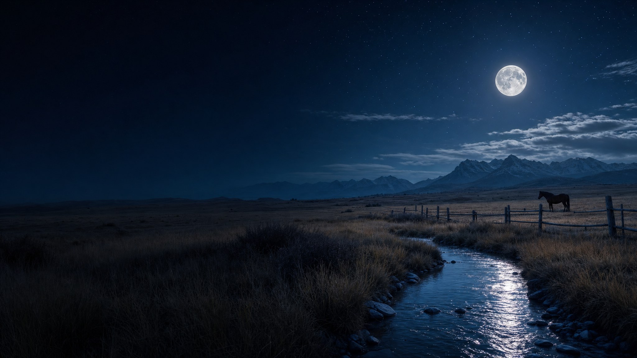 Moonlit western landscape with a horse, creek, fence, mountains, and full moon