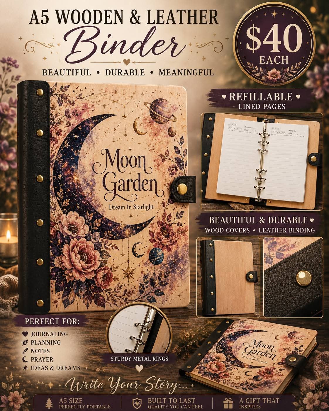 Moon Garden A5 wooden and leather refillable journal with moon, stars, and floral artwork