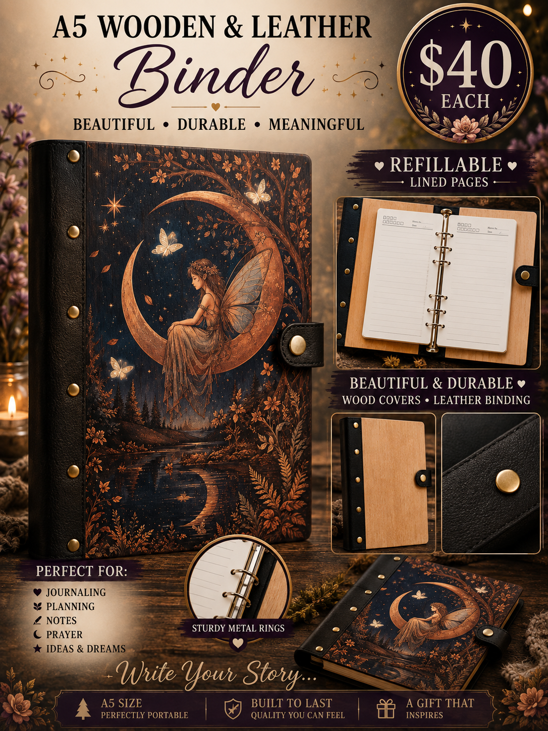 Moonlit Fairy A5 wooden and leather refillable journal with a fairy on a crescent moon