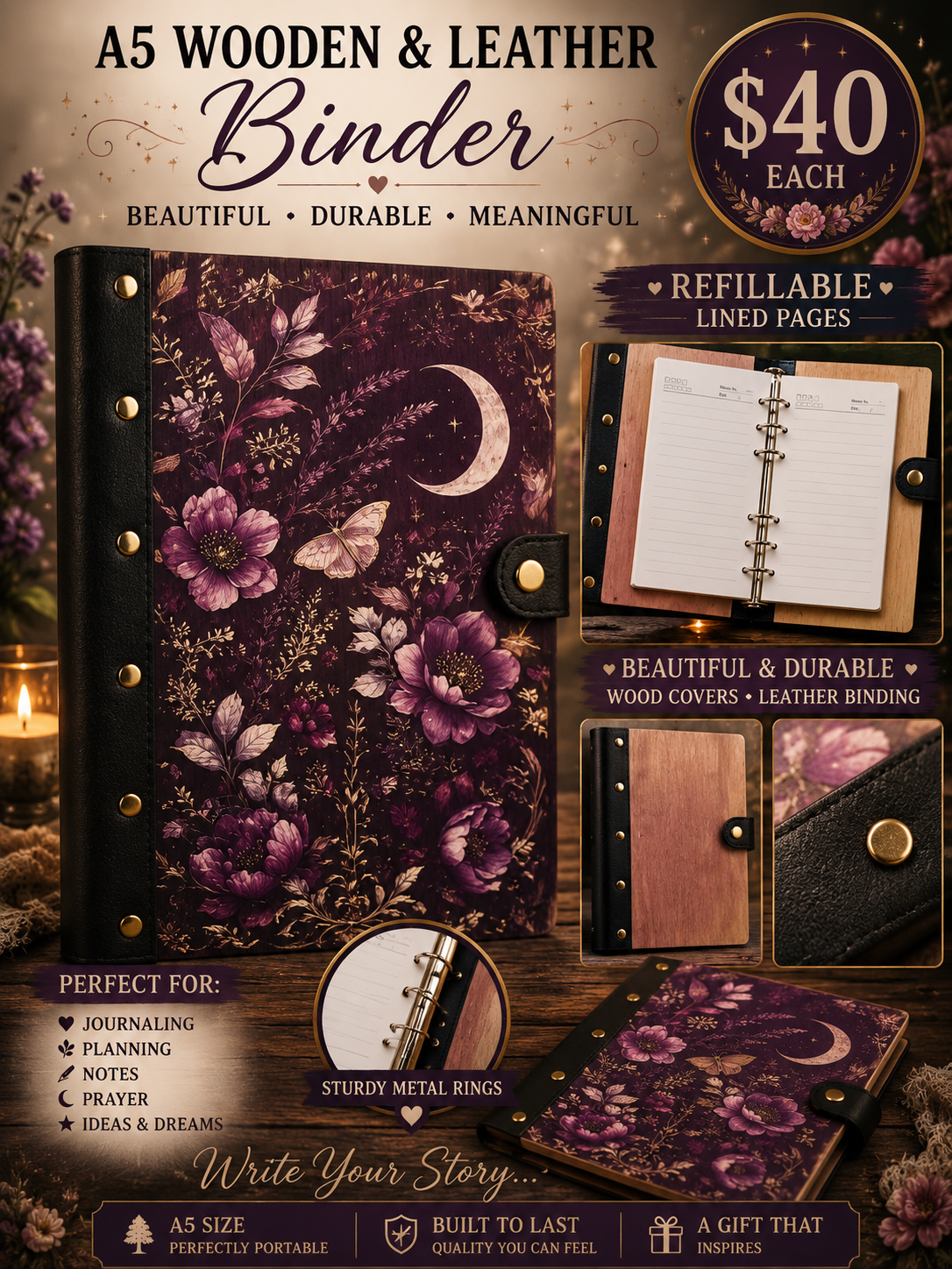 Moonlit Florals A5 wooden and leather refillable journal with purple flowers, butterfly, and crescent moon artwork