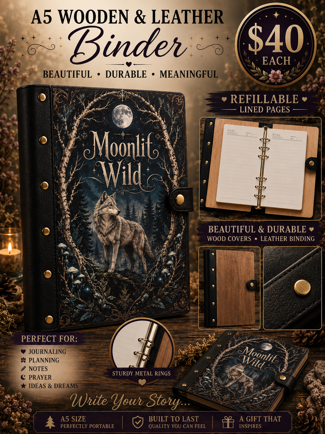 Moonlit Wild A5 wooden and leather refillable journal with a wolf, moonlit forest, and mushroom artwork