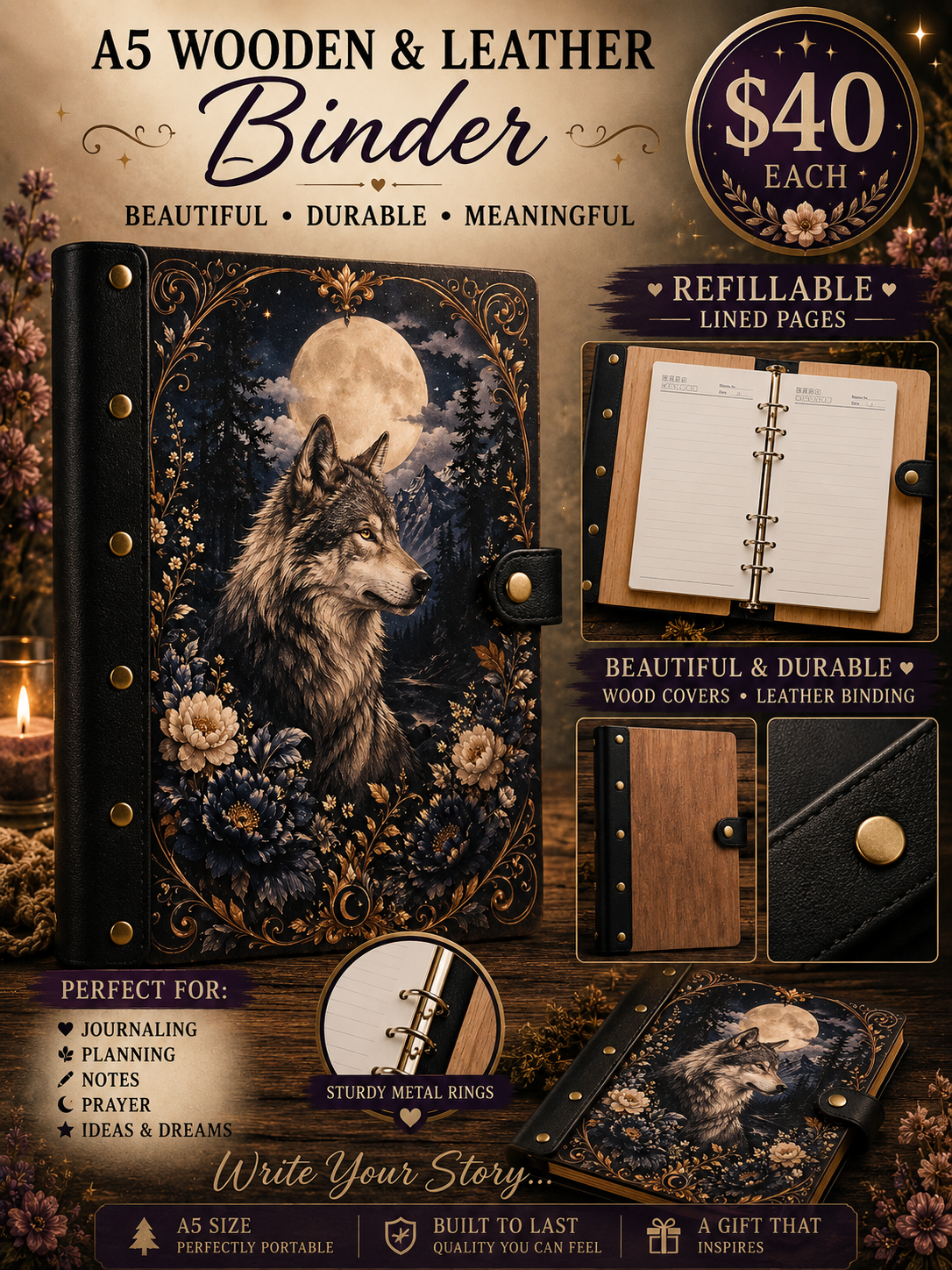 Moonlit Wolf A5 wooden and leather refillable journal with wolf, full moon, and floral artwork