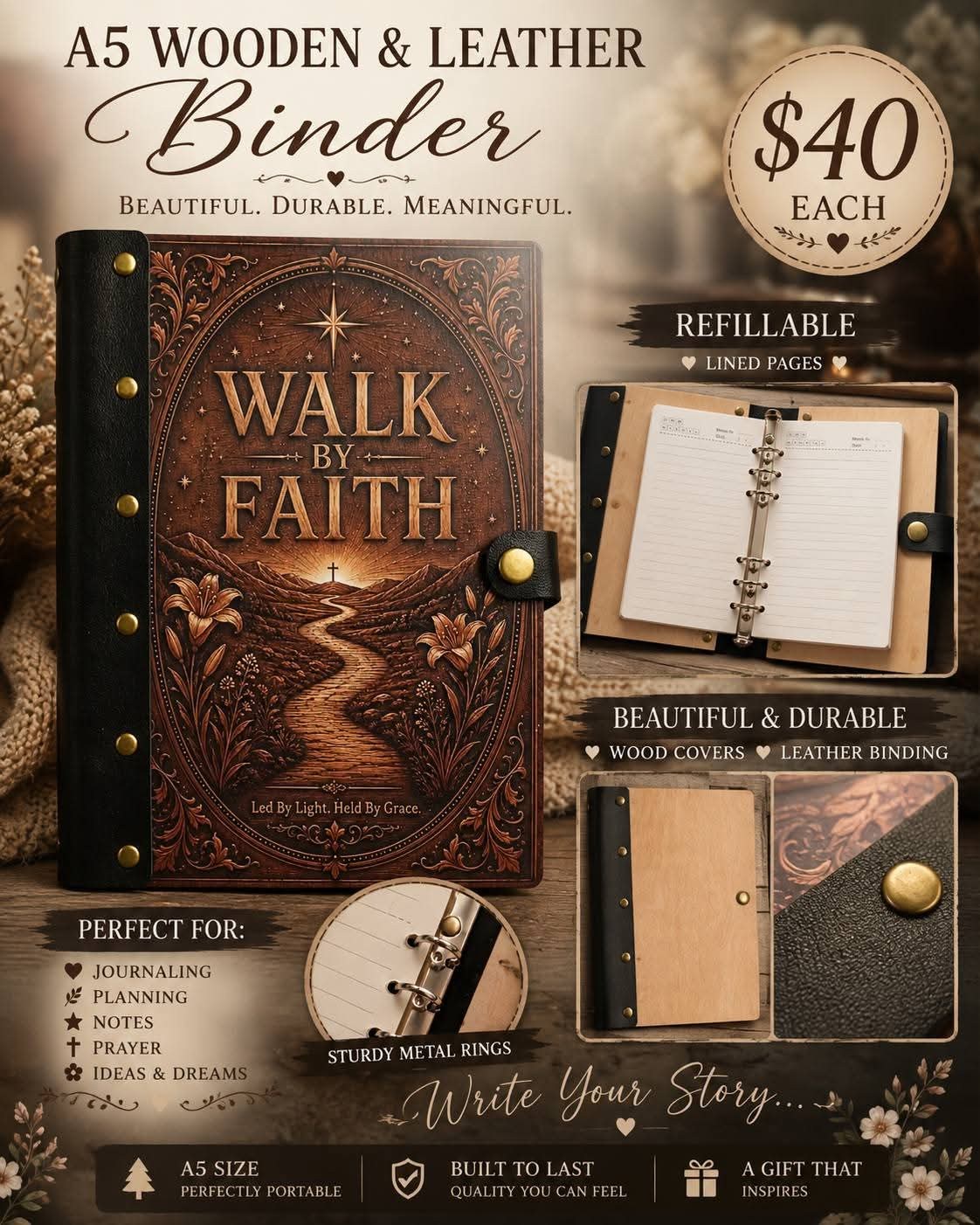 Walk by Faith A5 wooden and leather refillable journal with a cross and mountain path design
