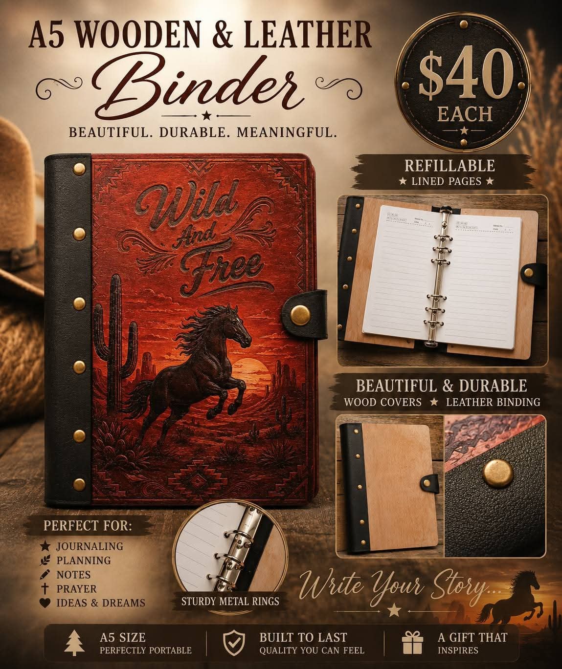 Wild and Free A5 wooden and leather refillable journal with a horse and desert sunset design