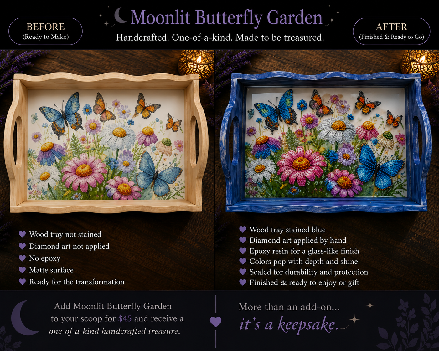Moonlit Butterfly Garden keepsake tray, shown before and after its blue-stained diamond-art finish