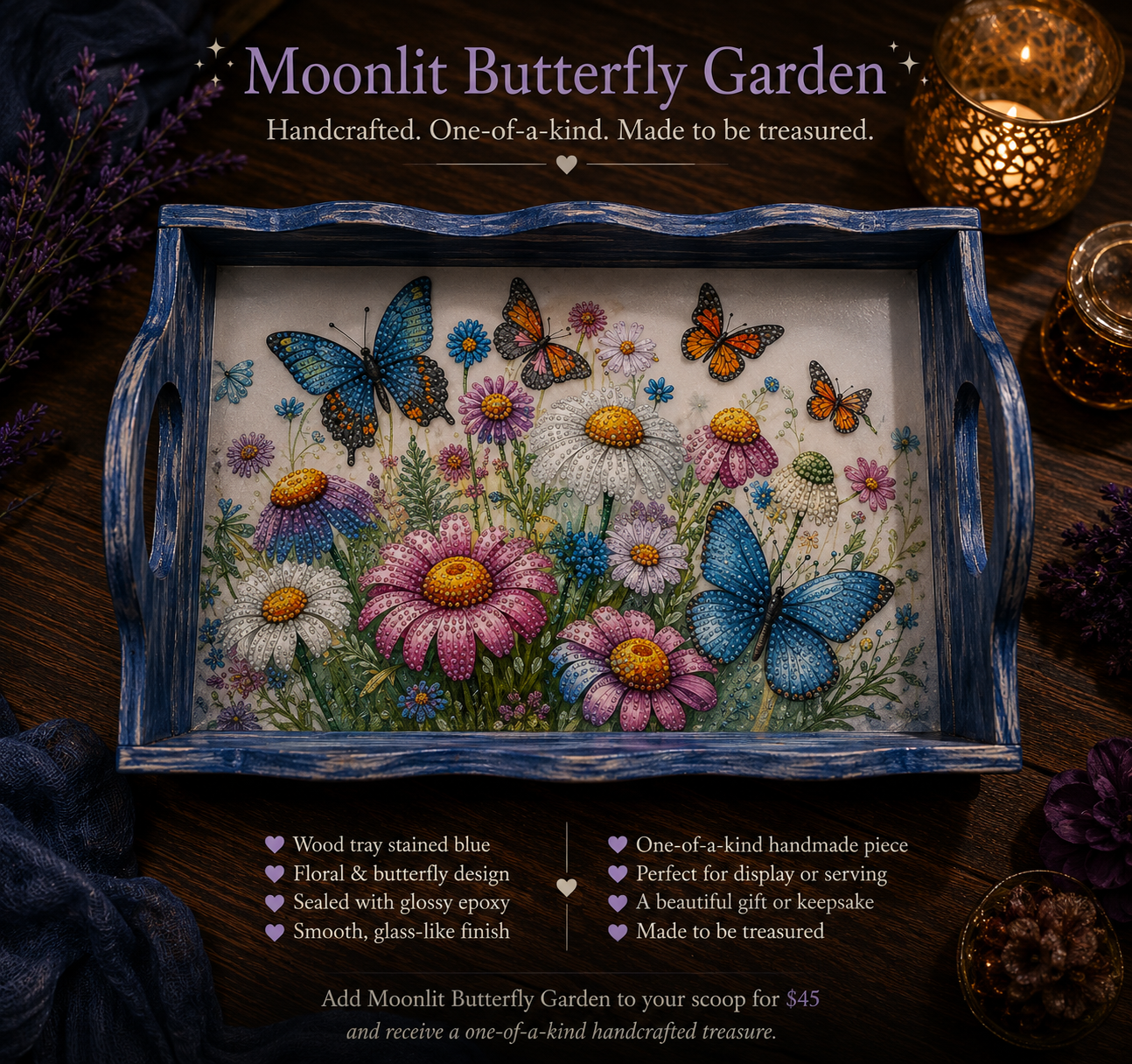 Finished Moonlit Butterfly Garden keepsake tray with blue wood, colorful flowers, and butterflies