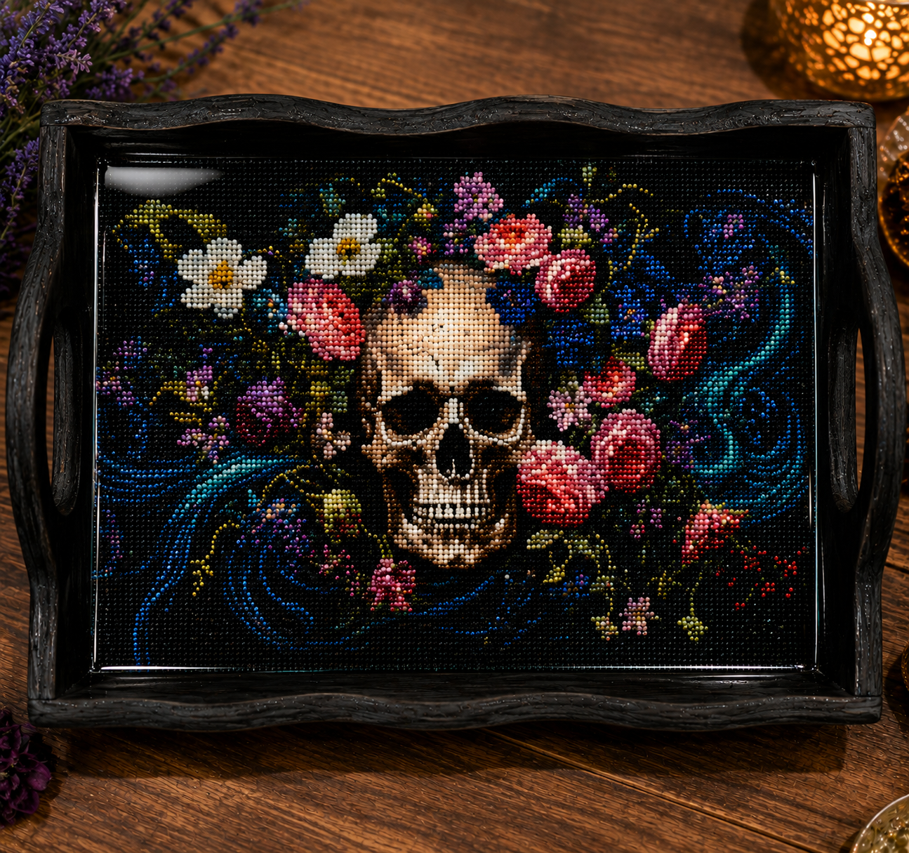 Moonlit Skull and Roses keepsake tray with diamond-art skull and floral design