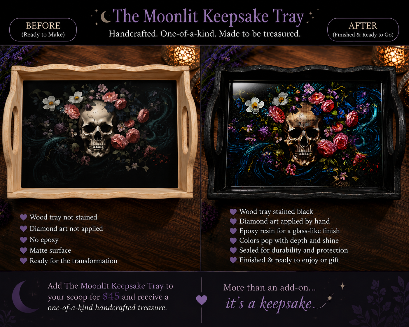 Moonlit Skull and Roses keepsake tray, shown before and after its black-stained diamond-art finish