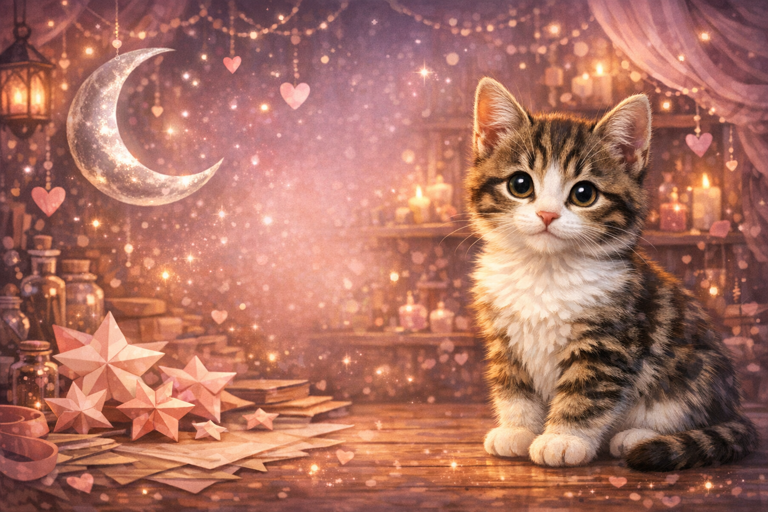 Kitten in a magical pink moonlit creative studio