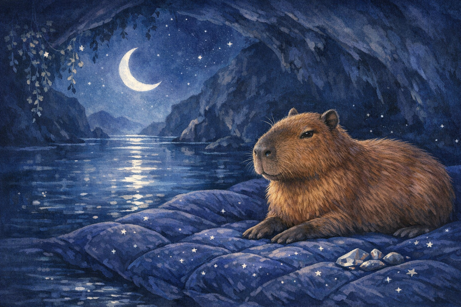 Capybara relaxing in a moonlit blue cove