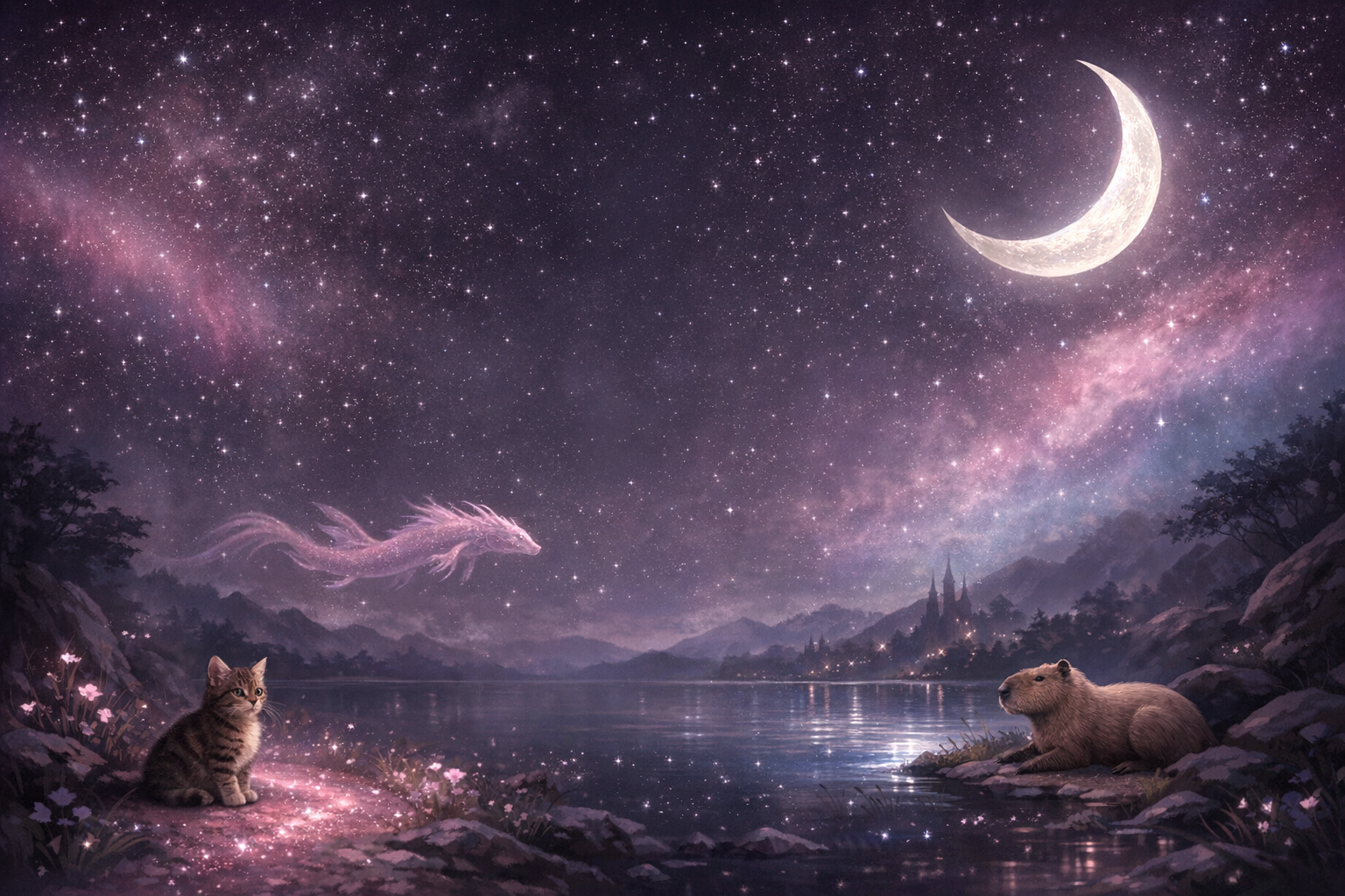 Moonlit magical world with a kitten, capybara, and water dragon