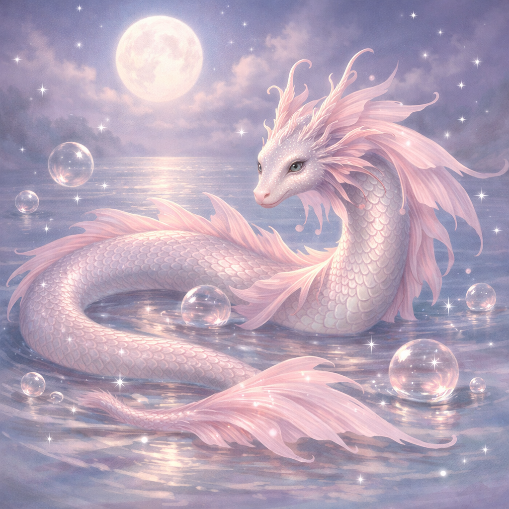 Elegant pink water dragon in moonlit water