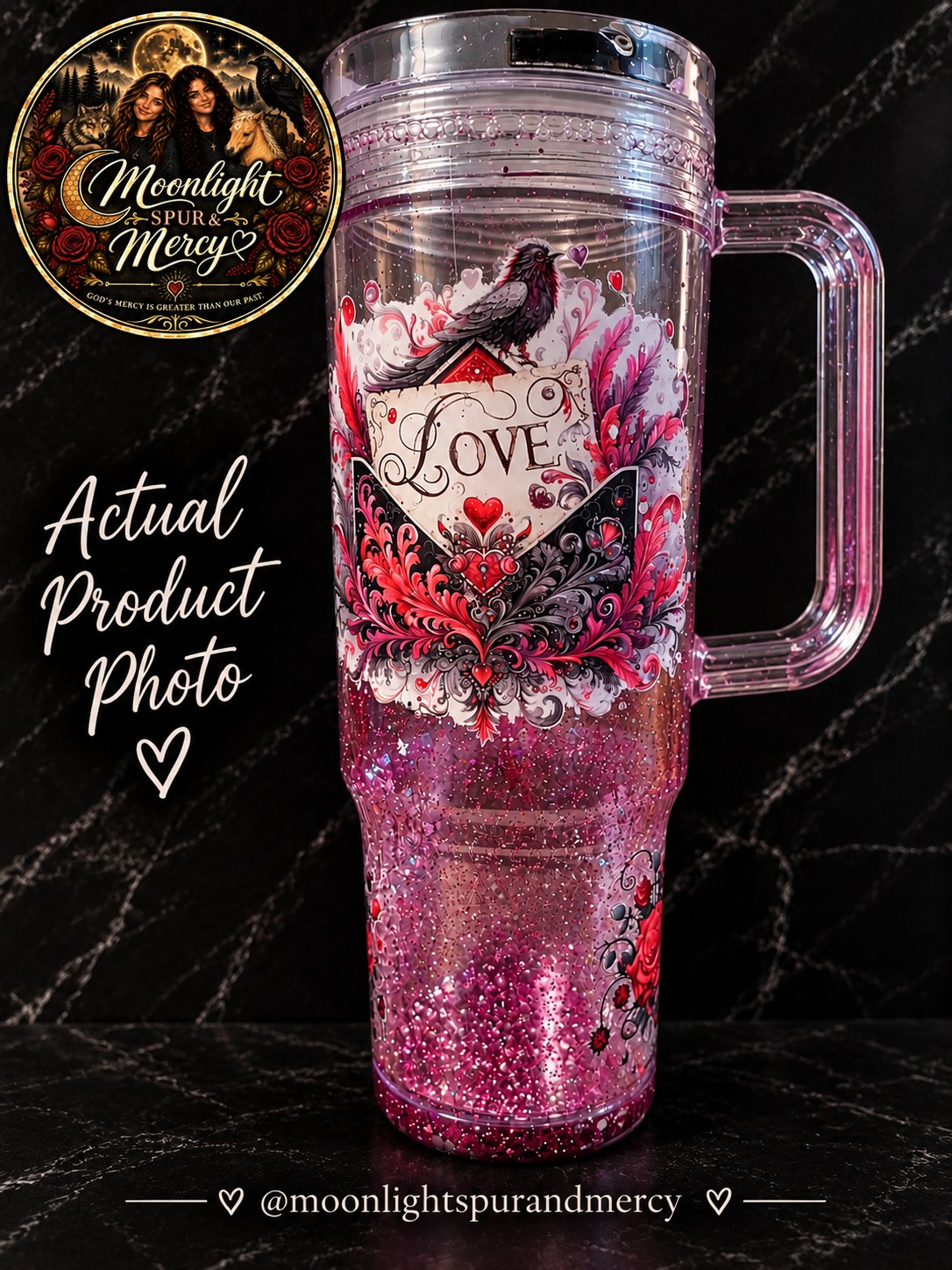 Raven Love 40 oz pink glitter cup with a raven and heart design