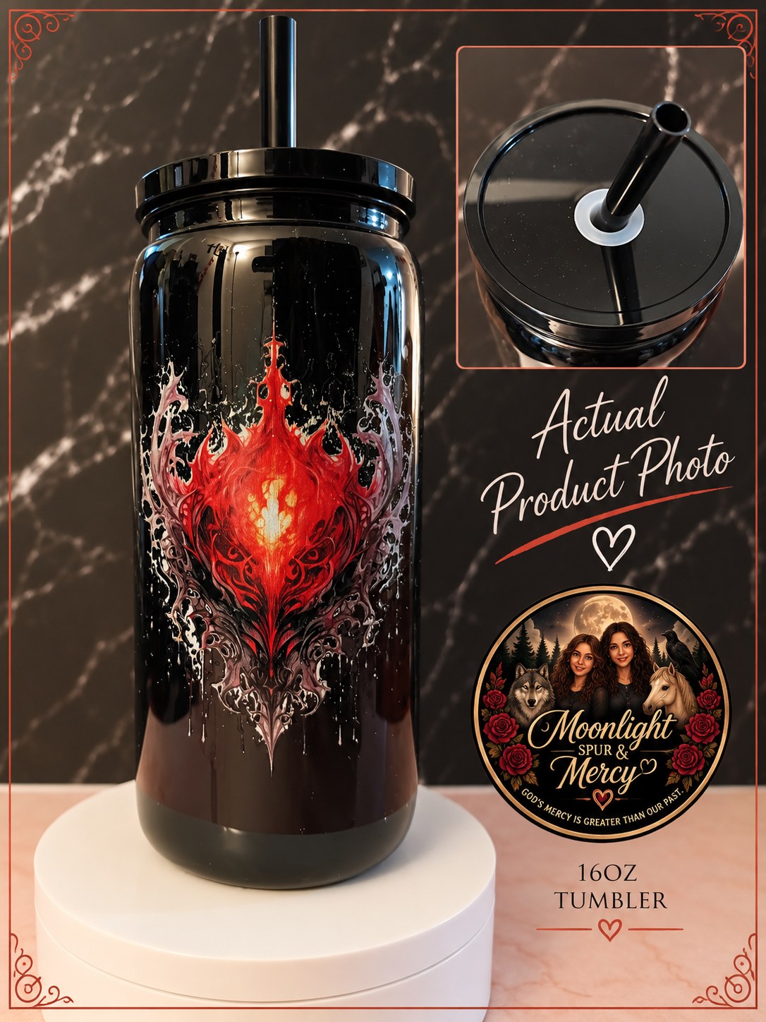 Ember Heart black plastic cup with a fiery heart design