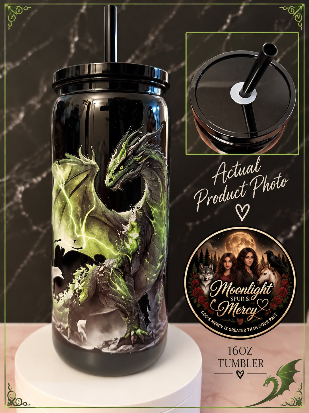 Emerald Dragon black plastic cup with a green dragon