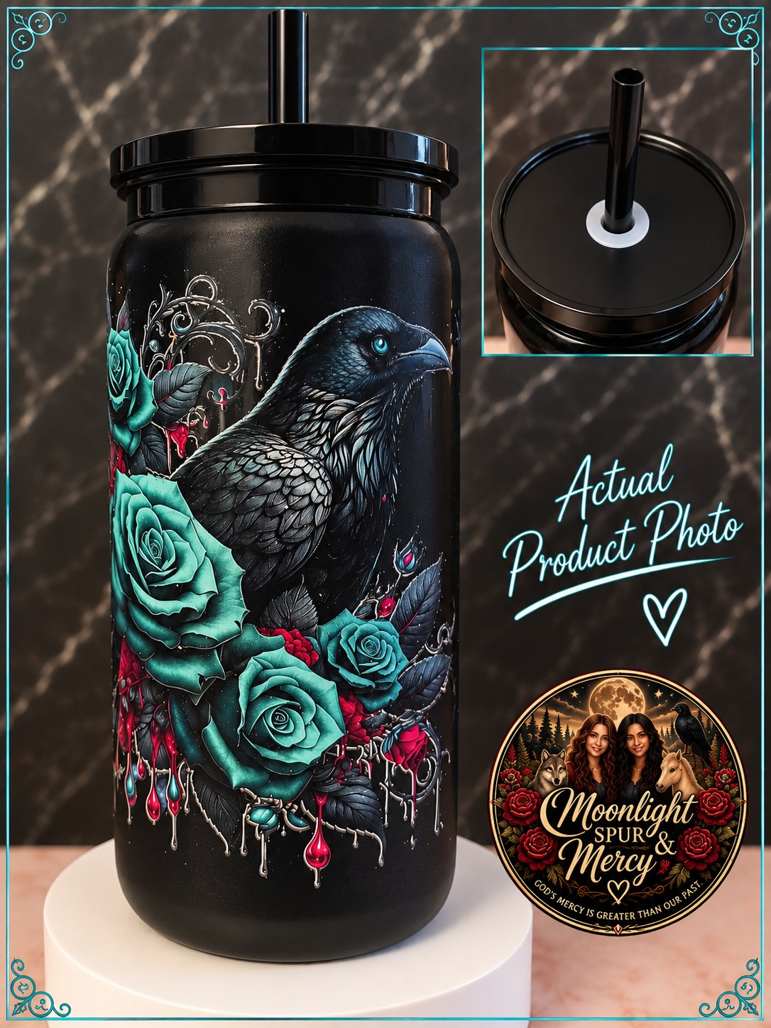 Raven’s Enchantment black plastic cup with a raven and teal roses