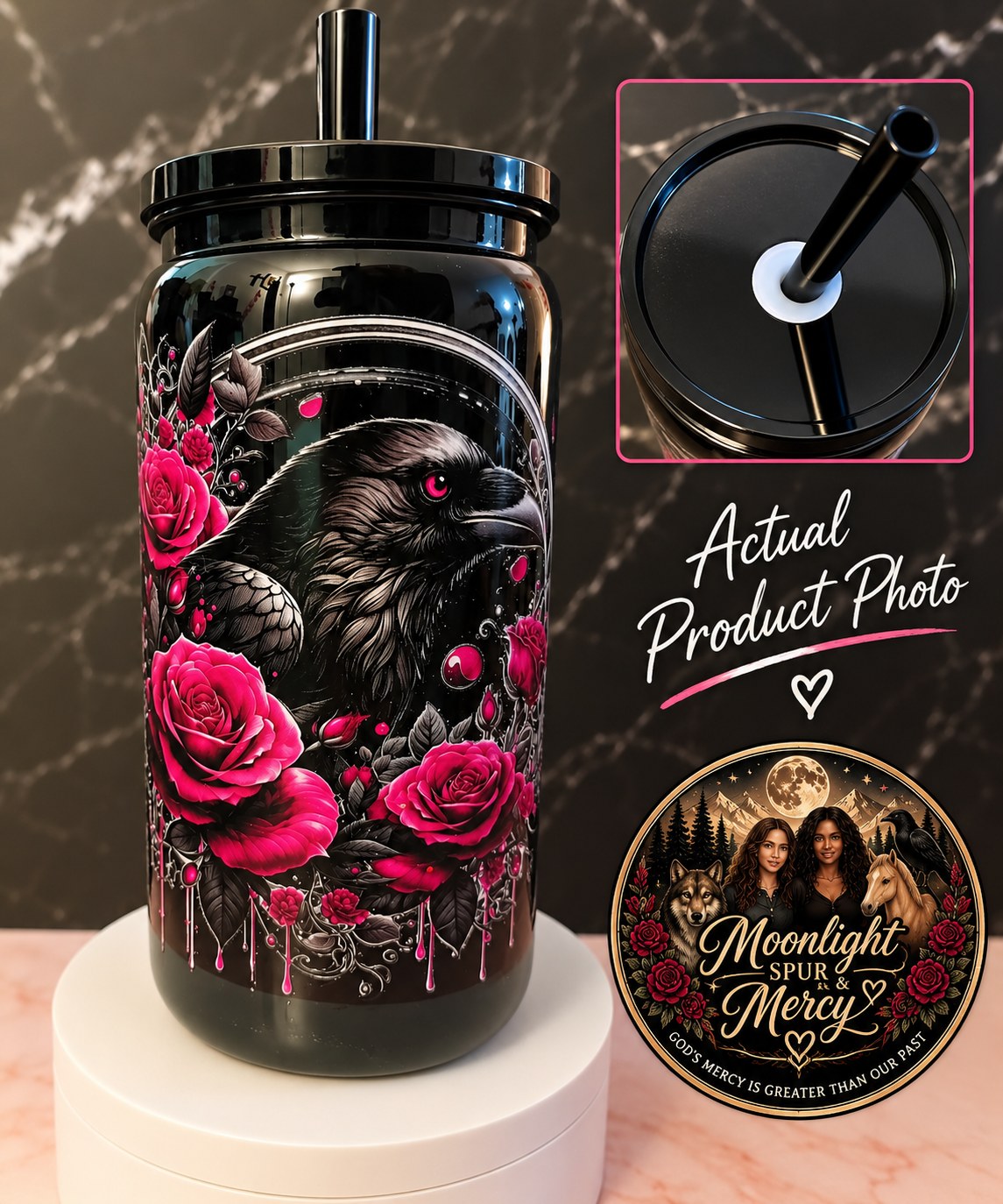 Raven’s Rose black plastic cup with a raven and vivid pink roses
