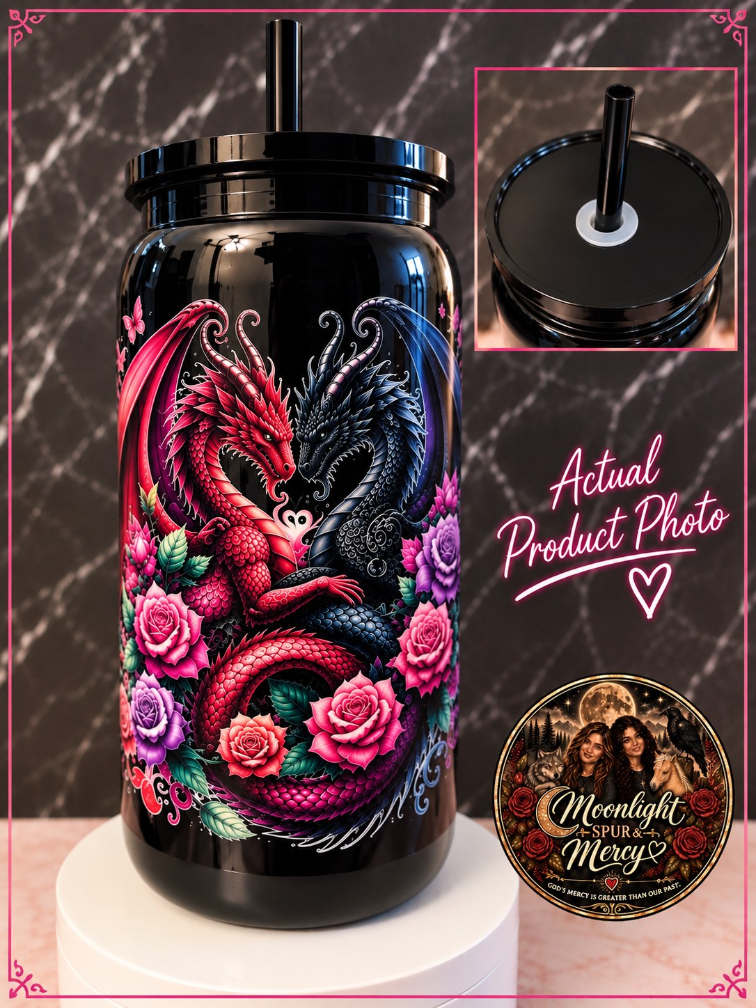 Rosebound Dragon black plastic cup with a dragon and pink roses