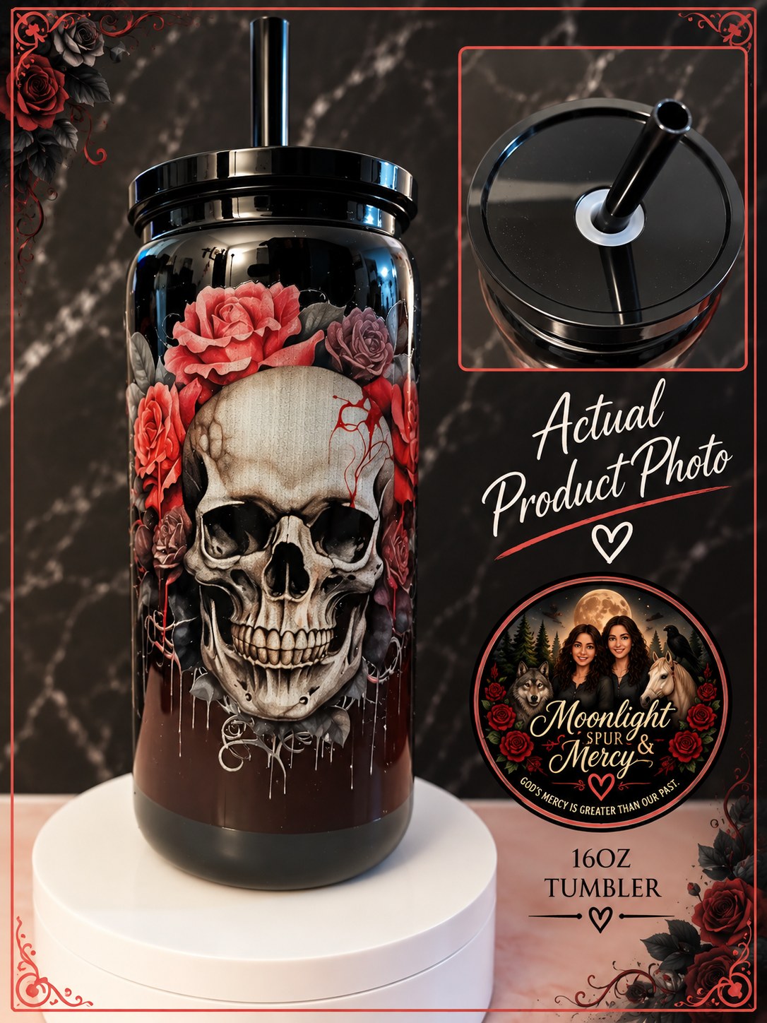 Rosebound Skull black plastic cup with a skull and red roses