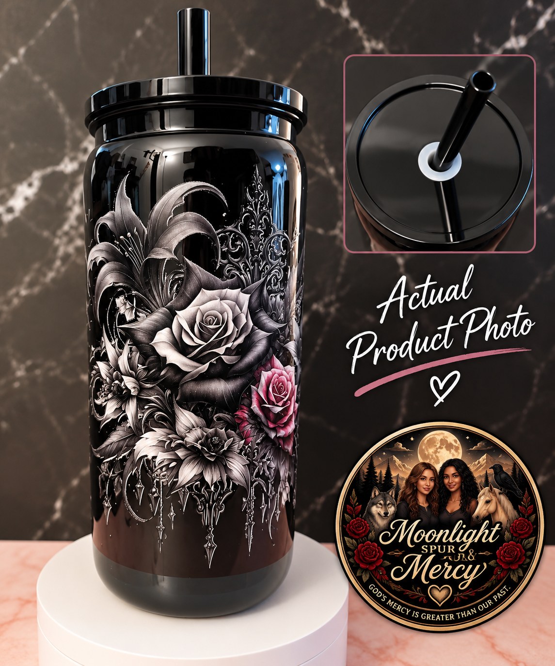 Shadowed Sentinel black plastic cup with a raven woman and roses