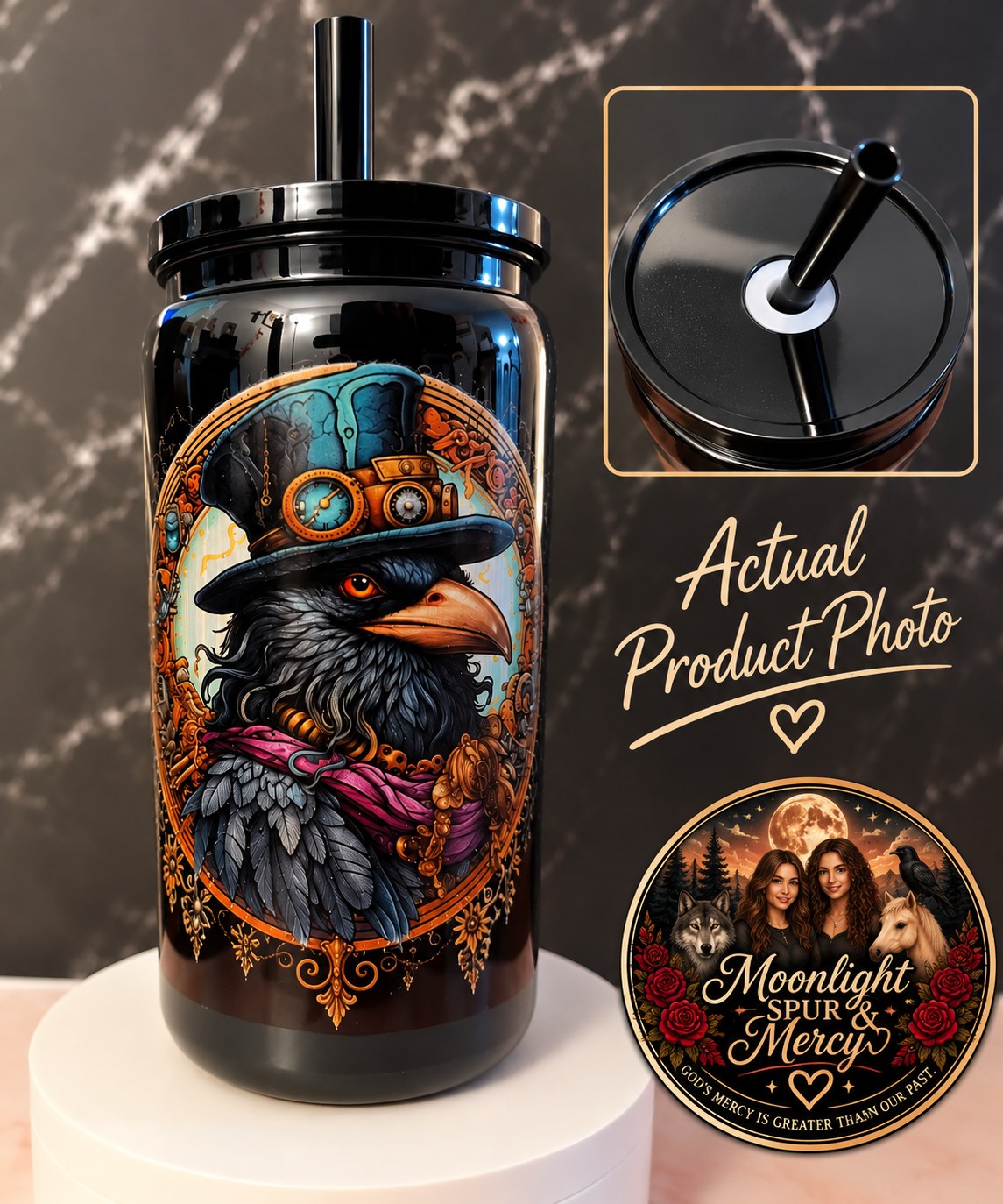The Timekeeper’s Watch black plastic cup with a steampunk raven