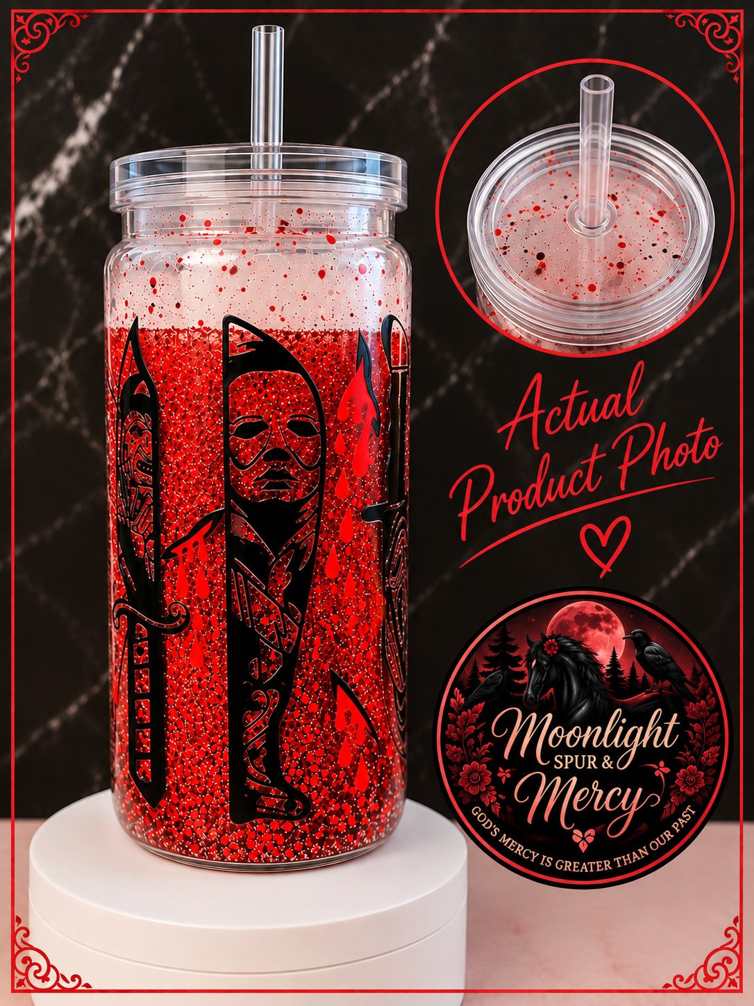Horror Killers clear plastic cup with a red horror character design