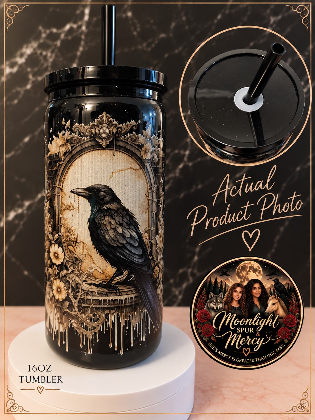 The Watcher’s Perch black plastic cup with a raven on an ornate golden background