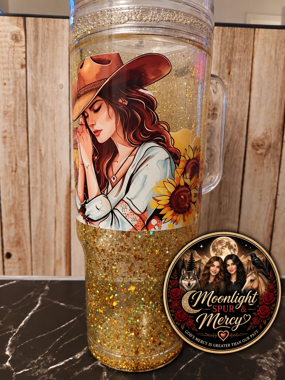 Golden Cowgirl 40 ounce cup with a cowgirl and sunflower design