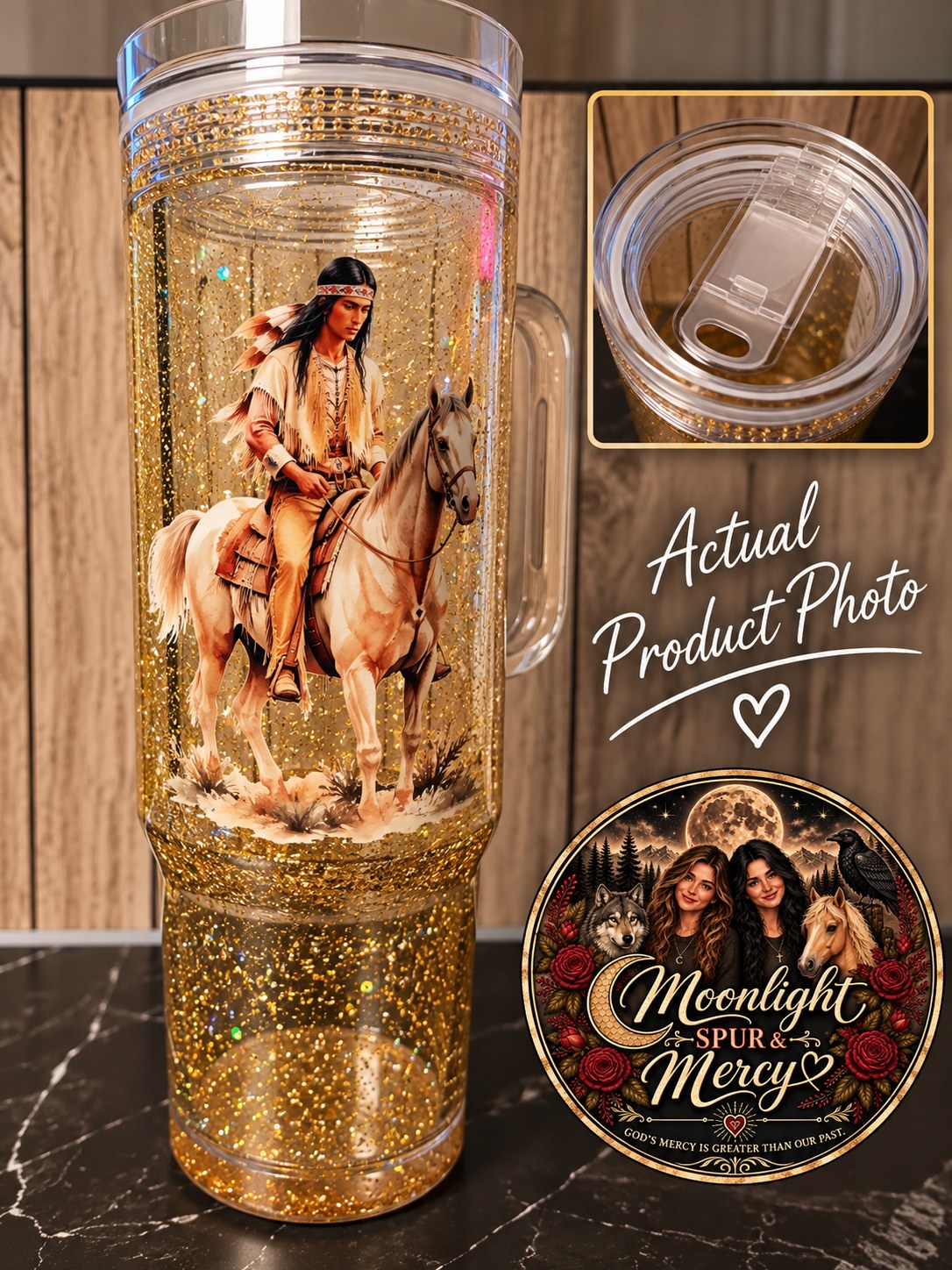 Golden Trail Rider 40 oz glitter cup with a horseback rider design