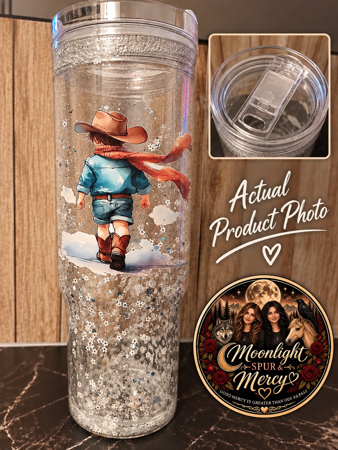 Western Wanderer 40 oz globe cup with a little cowboy design
