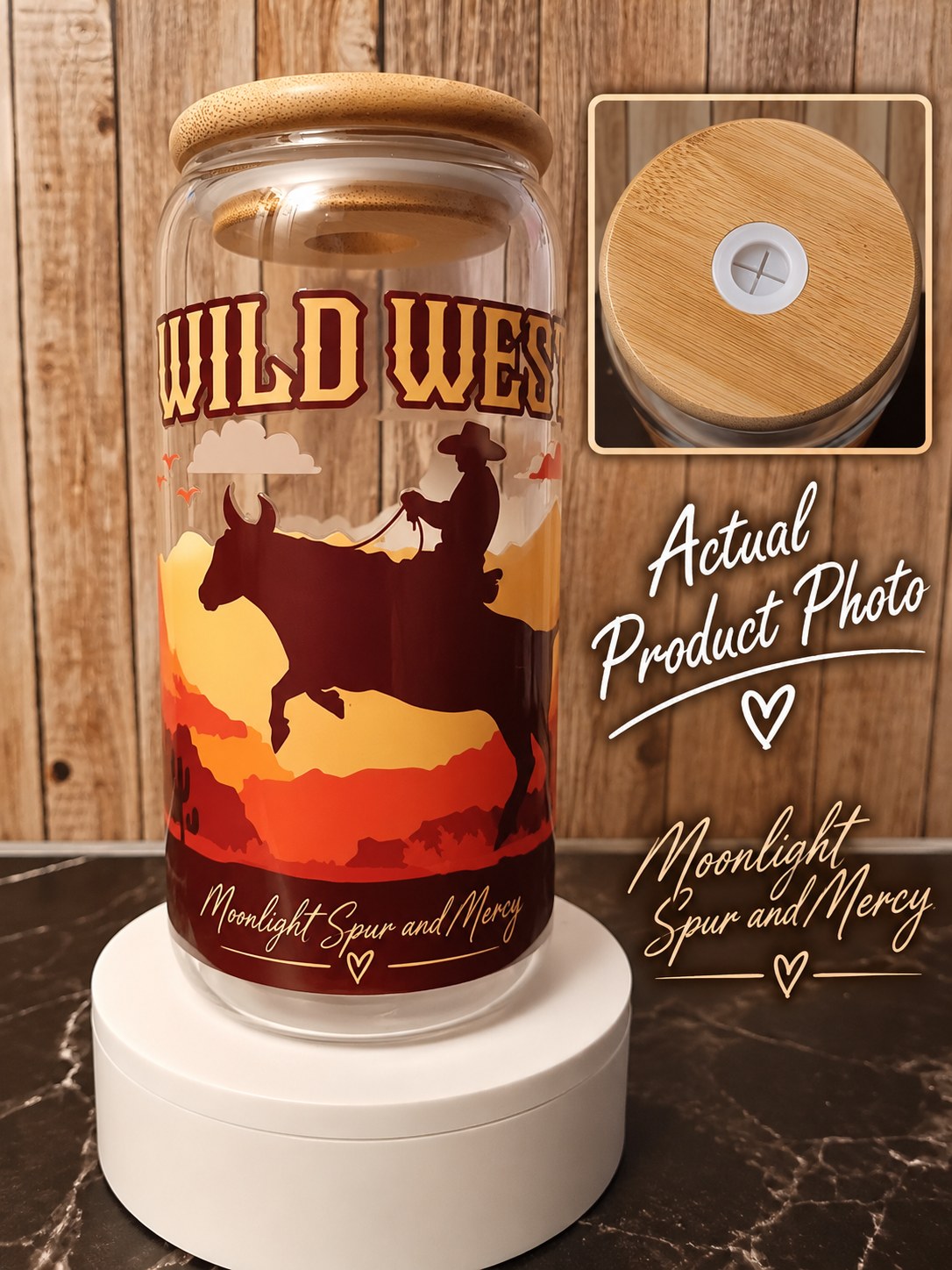 Wild West clear glass cup with a cowboy riding a bull at sunset