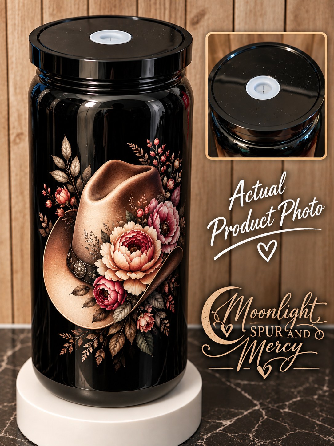 Wildflower Cowboy black plastic cup with a cowboy hat and pink wildflowers