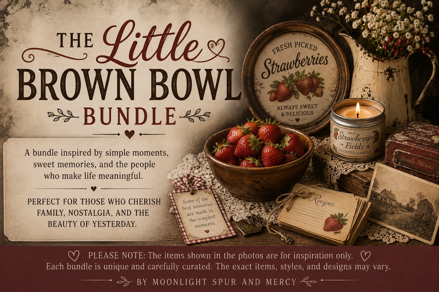 Vintage keepsakes and fresh strawberries arranged in a brown bowl