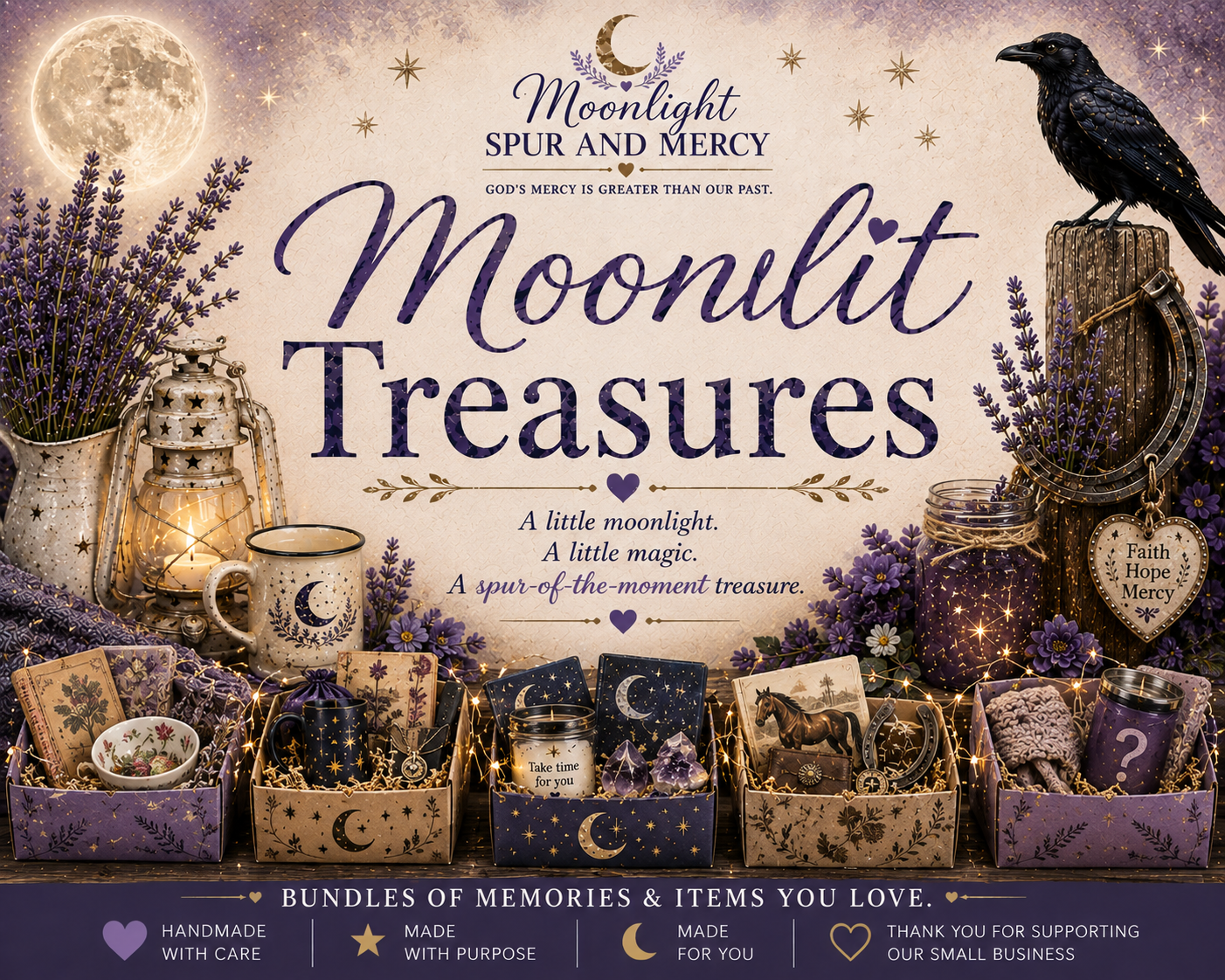 Moonlit Treasures handmade bundle collection with moon, lavender, lanterns, and gift boxes