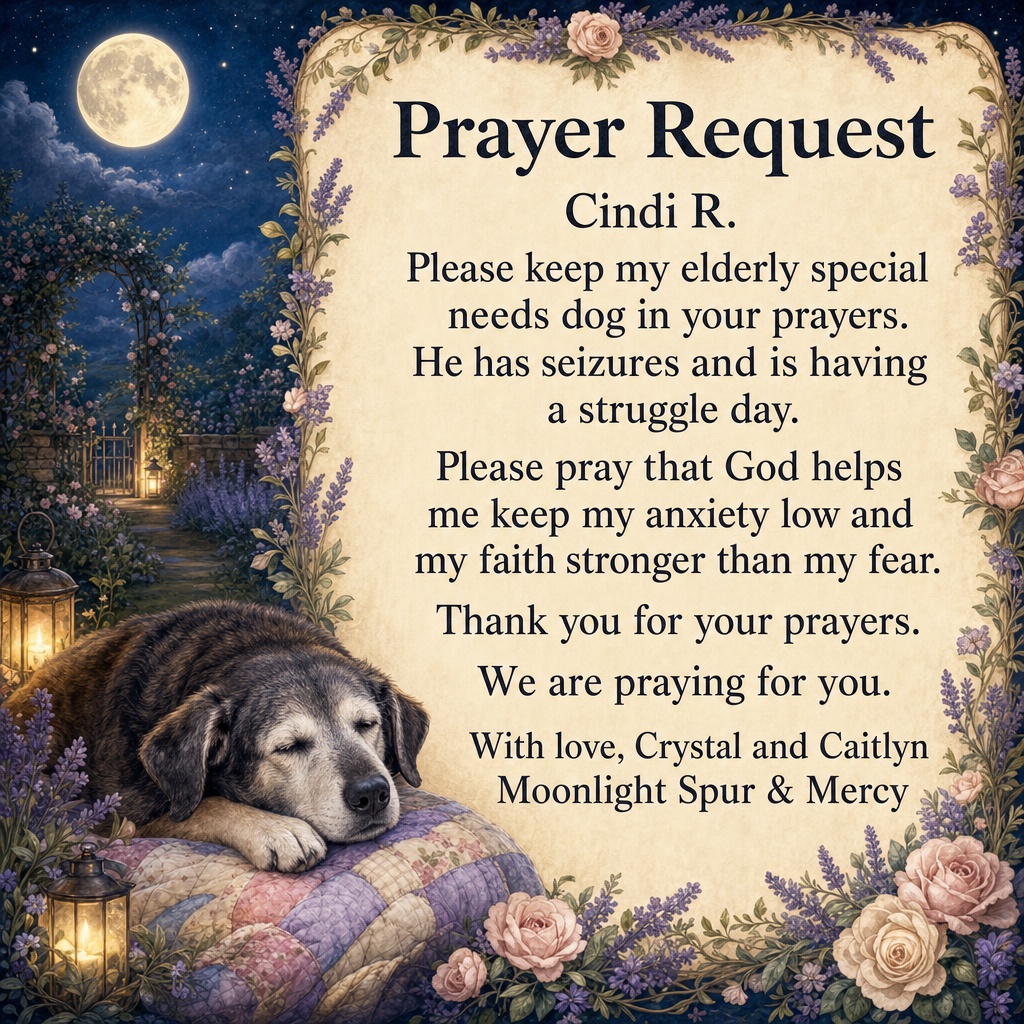 Cindi R.’s prayer card: prayers for her elderly dog with seizures, peace for her anxiety, and faith stronger than fear